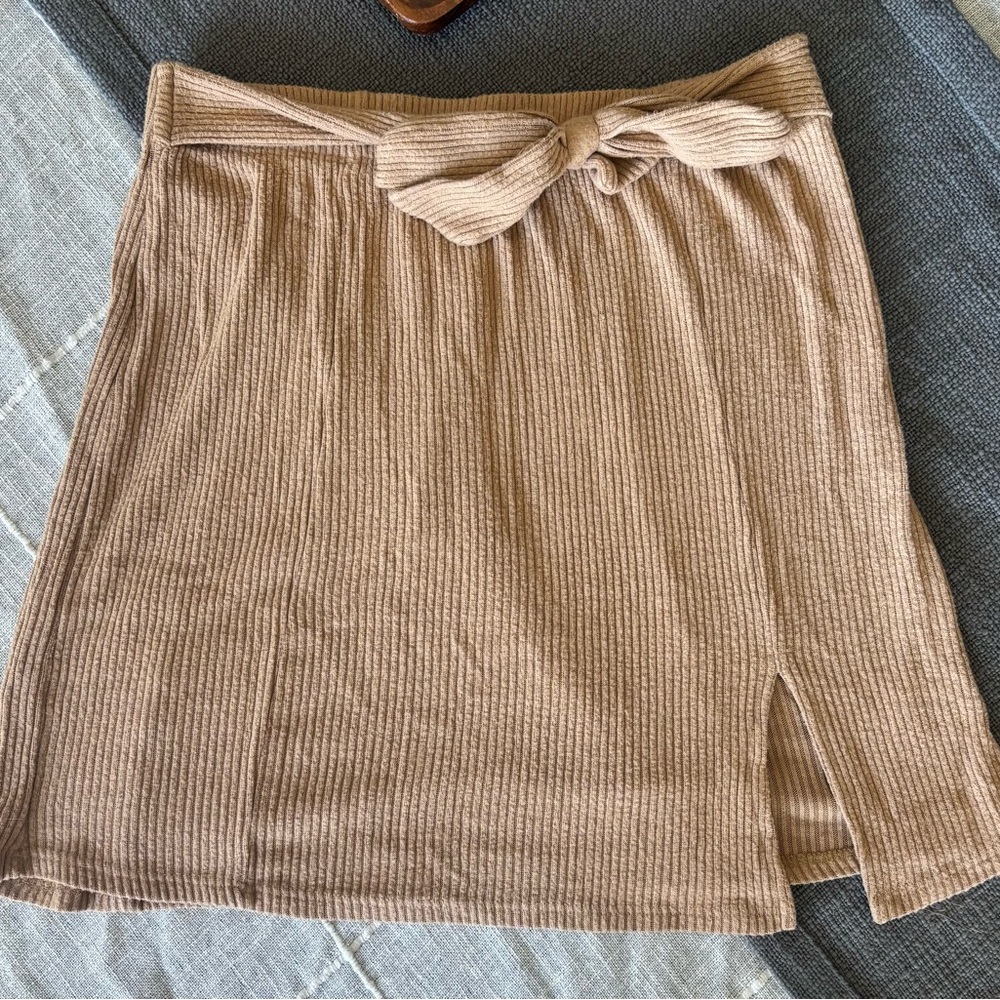 Earthbound Ribbed Tie-Waist Mini Skirt - Beige